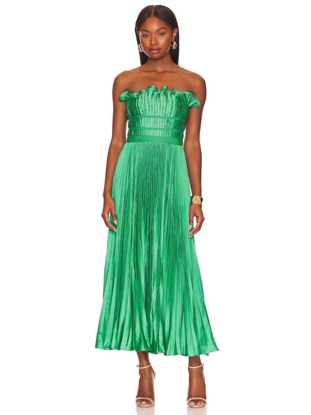 AMUR Giada Pleated Strapless Midi Dress Grass Green Size 6